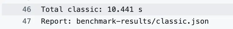 Výstup benchmarku v GitHub Actions: klasický toolchain, 10,441 sekundy