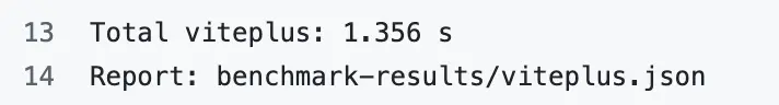 Výstup benchmarku v GitHub Actions: Vite+, 1,356 sekundy
