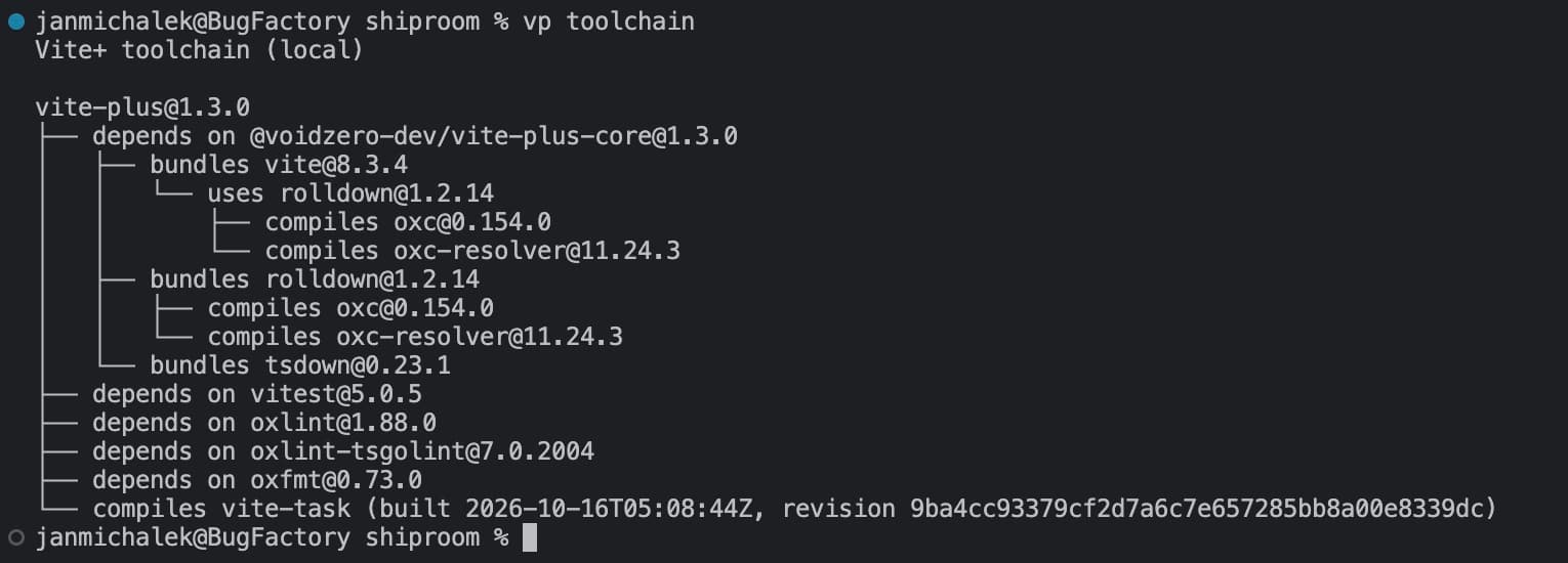Terminálový výstup příkazu vp toolchain s verzemi nástrojů Vite+